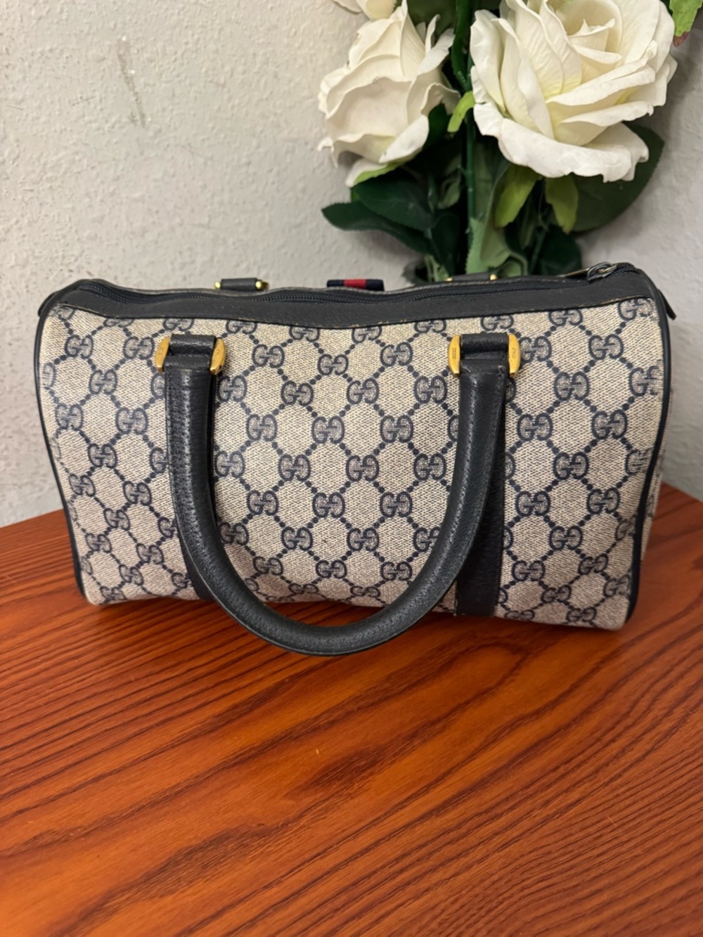Gucci Beige GG Canvas Satchel with Navy Trim and Red-Blue Web - Picture 3 of 16